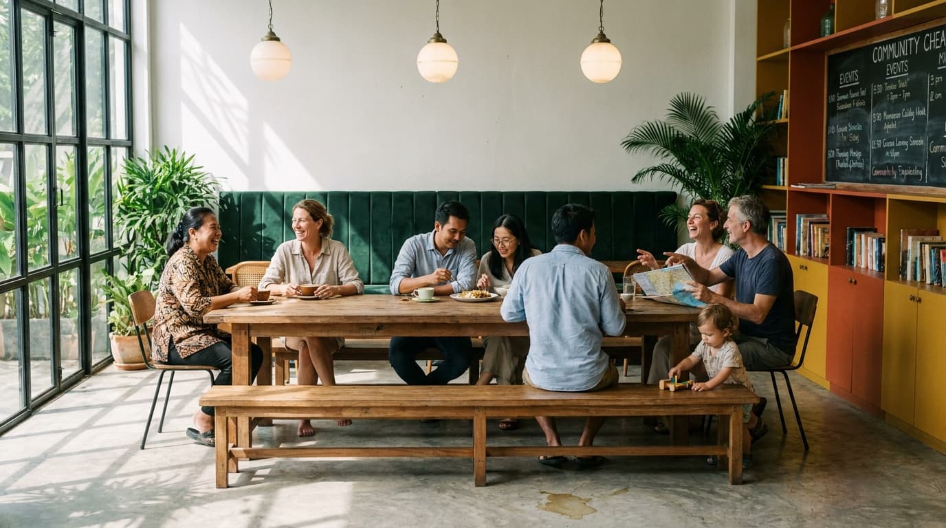 Dining hall at Urban Ground — locals, expats, and tourists at long communal tables
