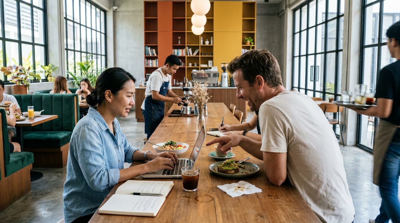 Urban Ground at midday — bright lunch crowd, six kitchens running, coworking at peak