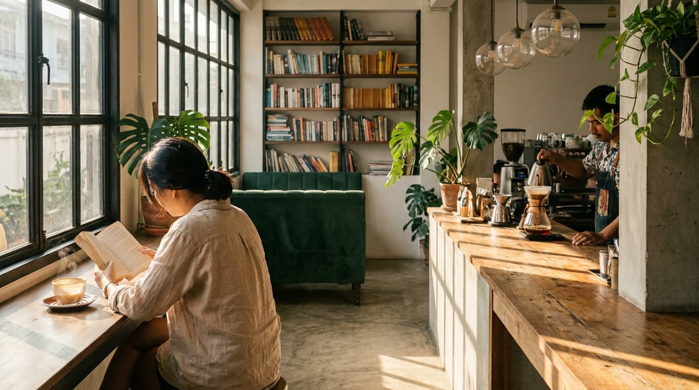 Urban Ground in the morning — soft golden light through tall windows, specialty coffee, quiet work