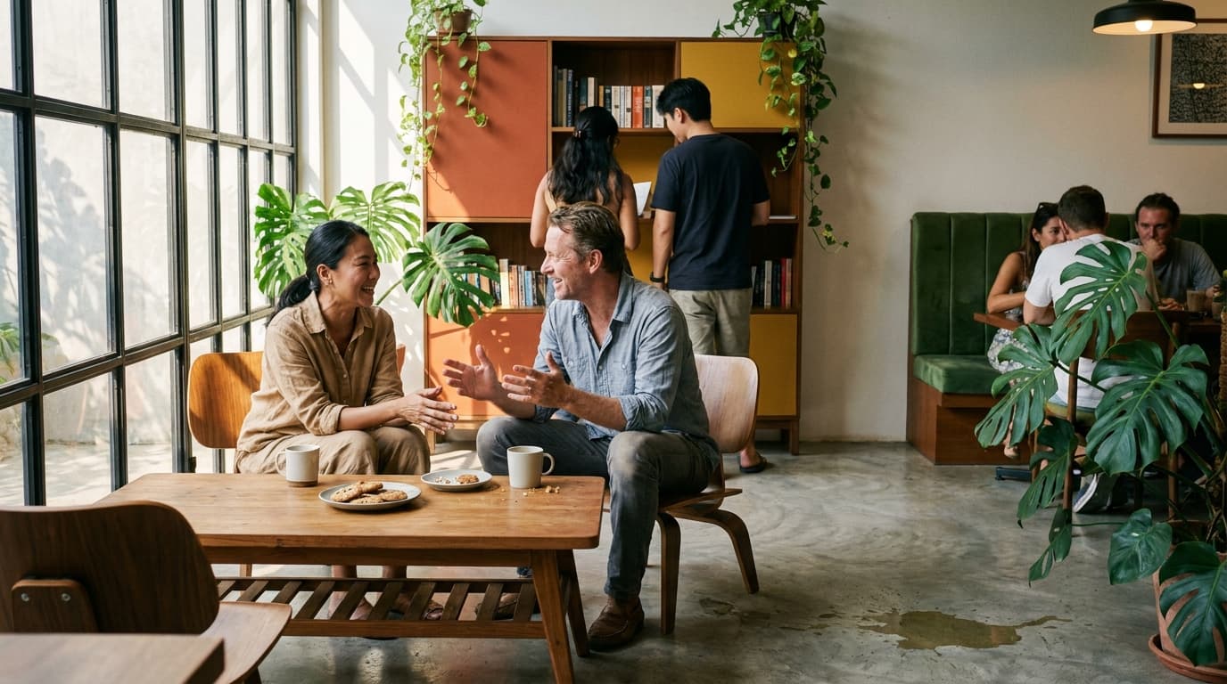 Café commons at Urban Ground — friends socializing over coffee
