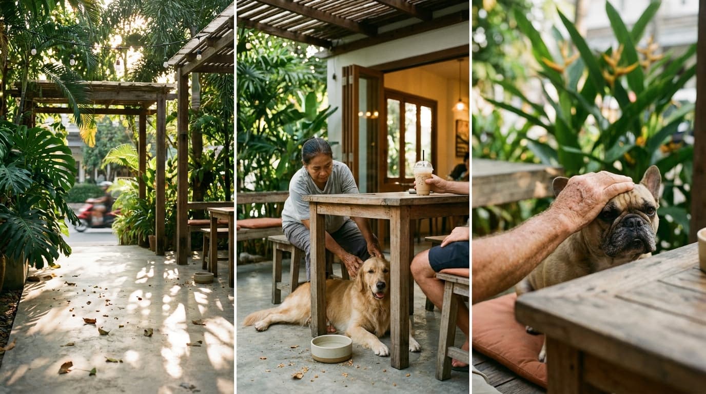Pet-friendly outdoor seating at Urban Ground — leashed dogs welcome under tropical shade